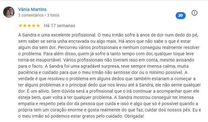 Avaliação de David Cordeiro sobre unha encravada e cuidado especializado